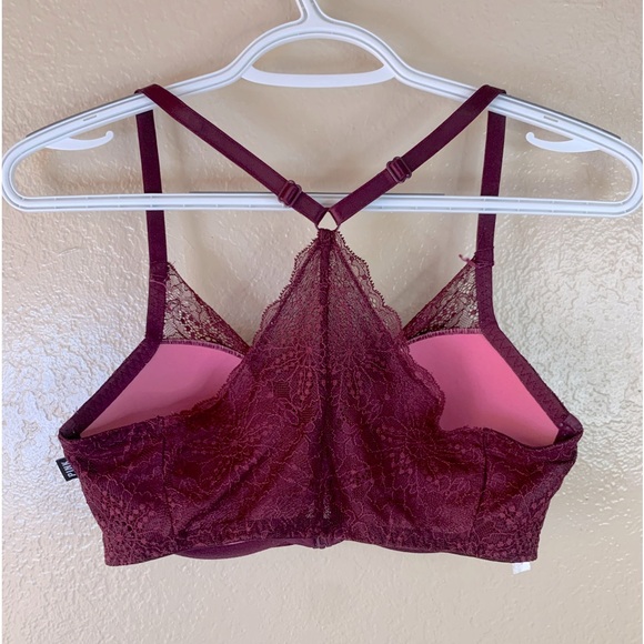 Pink Victorias Secret Burgundy Lace Snap Front Daye Pushup Bra Size 32DD - Picture 2 of 4